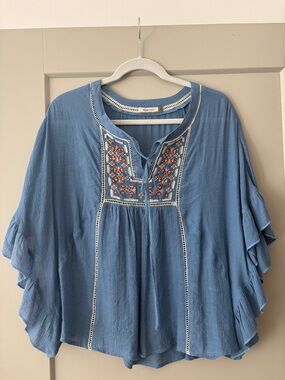 Blue Embroidered Boho Tie-Front Top - Women